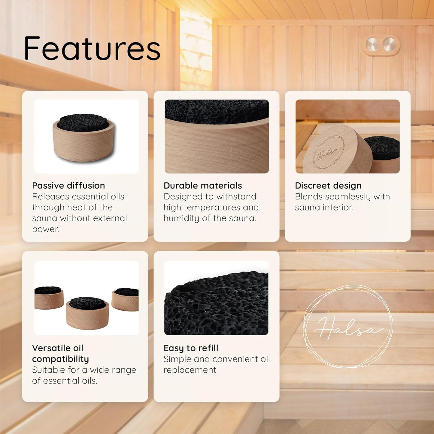 Lava Stone Diffuser for Sauna, Office, Bedroom, Bathroom - Natural Beechwood Base, Passive Diffusion, Lava Rock Absorbs Essential Oils - Natural Aromatherapy