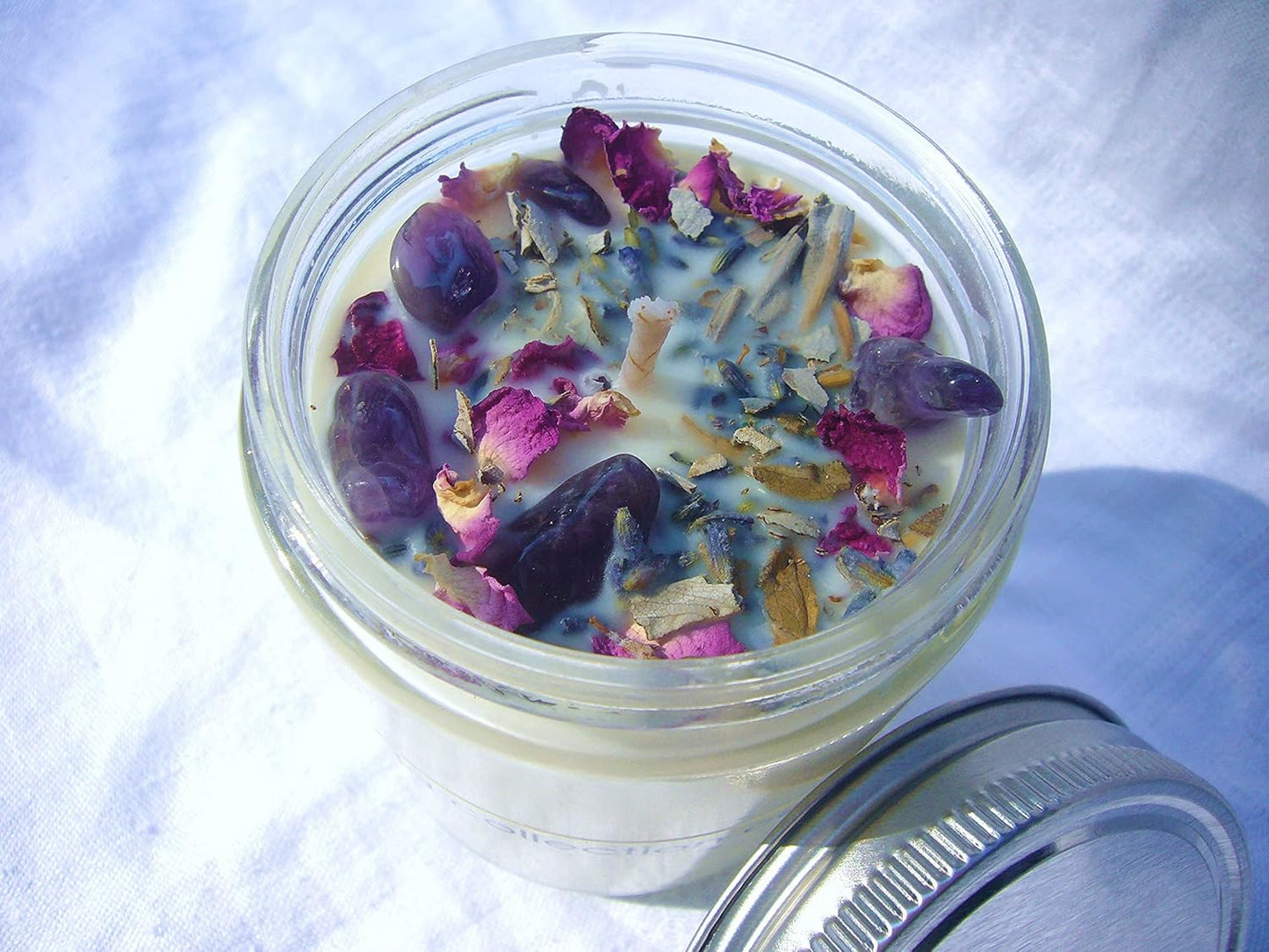 Luxury Smudging Candle | 8 Oz | Infused W/White Sage, Lavender Buds, Rose Petals, Amethyst Crystals | Unique Dessert Scent | Made in USA | Smudging, Healing, Chakra Balancing, Aromatherapy
