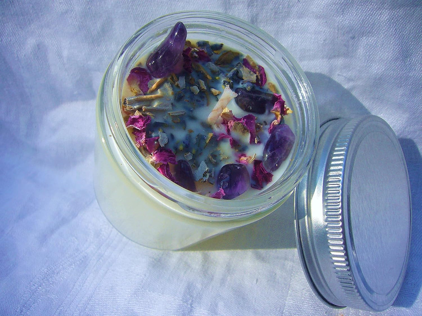Luxury Smudging Candle | 8 Oz | Infused W/White Sage, Lavender Buds, Rose Petals, Amethyst Crystals | Unique Dessert Scent | Made in USA | Smudging, Healing, Chakra Balancing, Aromatherapy