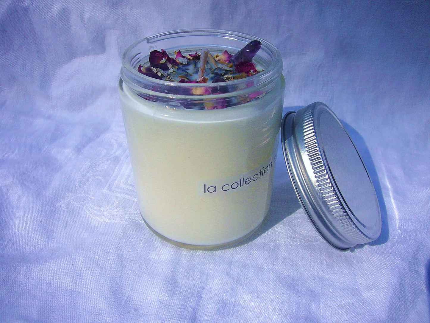 Luxury Smudging Candle | 8 Oz | Infused W/White Sage, Lavender Buds, Rose Petals, Amethyst Crystals | Unique Dessert Scent | Made in USA | Smudging, Healing, Chakra Balancing, Aromatherapy