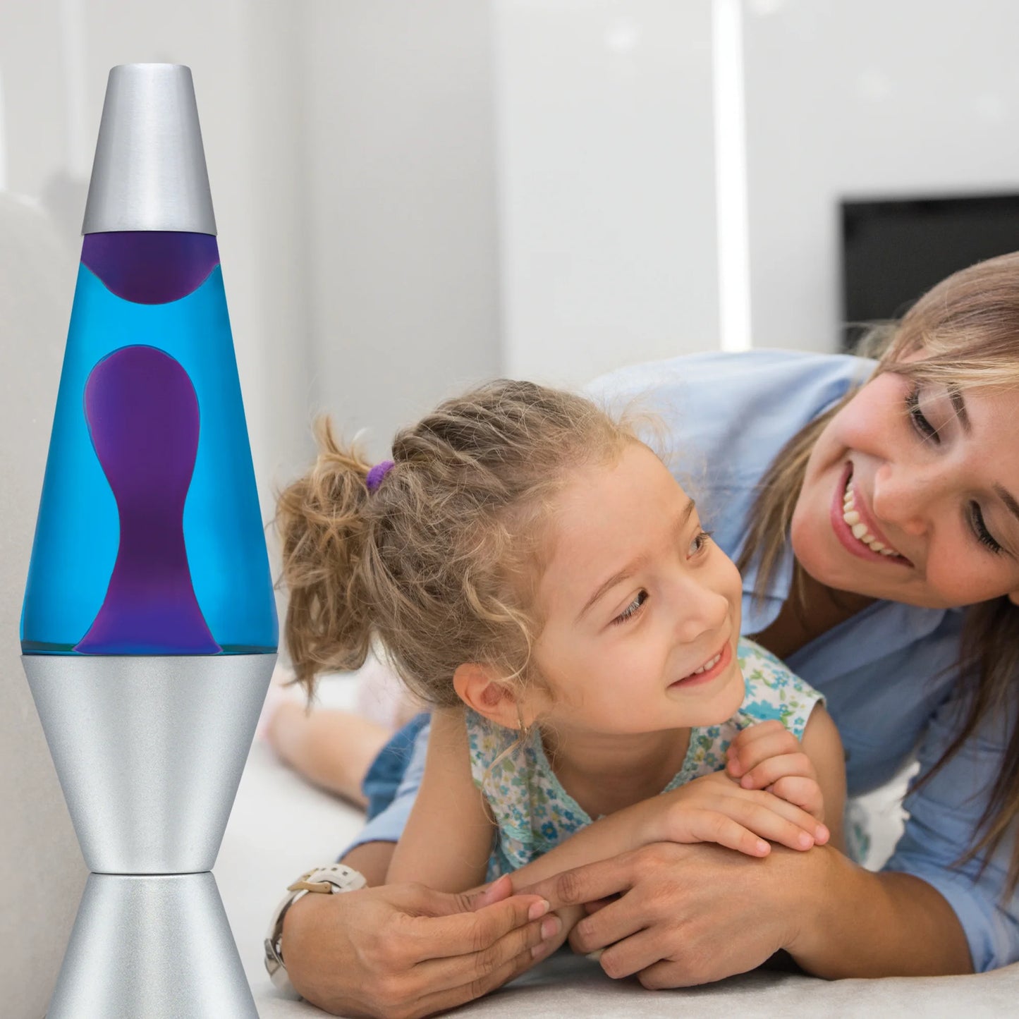 Lava the Original 14.5 Inch Silver Base Lamp with Purple Wax in Blue Liquid