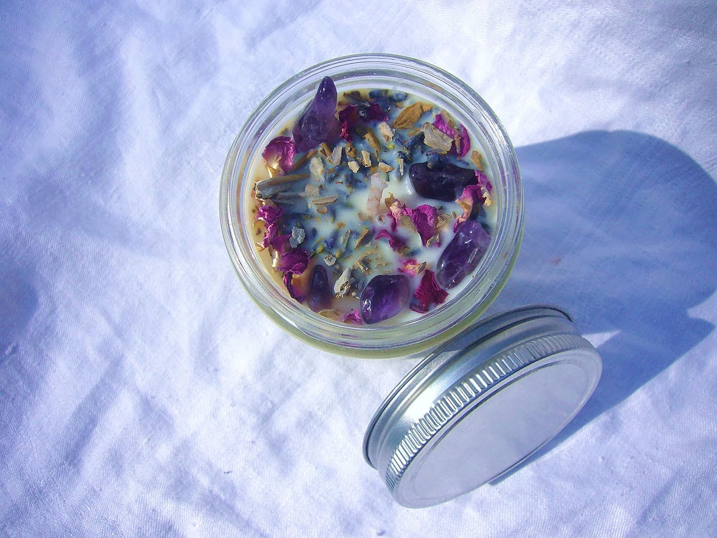 Luxury Smudging Candle | 8 Oz | Infused W/White Sage, Lavender Buds, Rose Petals, Amethyst Crystals | Unique Dessert Scent | Made in USA | Smudging, Healing, Chakra Balancing, Aromatherapy