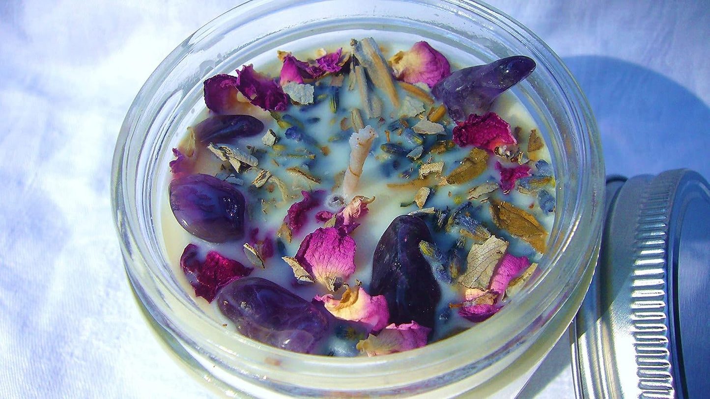 Luxury Smudging Candle | 8 Oz | Infused W/White Sage, Lavender Buds, Rose Petals, Amethyst Crystals | Unique Dessert Scent | Made in USA | Smudging, Healing, Chakra Balancing, Aromatherapy