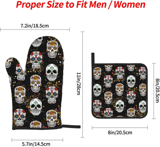 Day of the Dead Sugar Skull 4Pcs Oven Mitts/Pot Holders Sets, Kitchen with Soft Quilted Cotton Lining Utensils Set for Cooking Baking Grilling Decorations, One Size