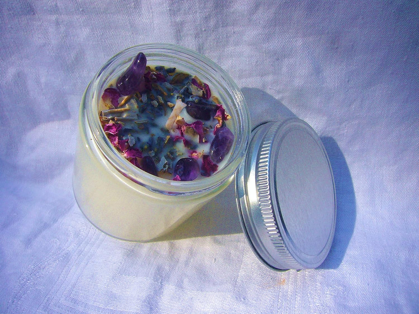 Luxury Smudging Candle | 8 Oz | Infused W/White Sage, Lavender Buds, Rose Petals, Amethyst Crystals | Unique Dessert Scent | Made in USA | Smudging, Healing, Chakra Balancing, Aromatherapy