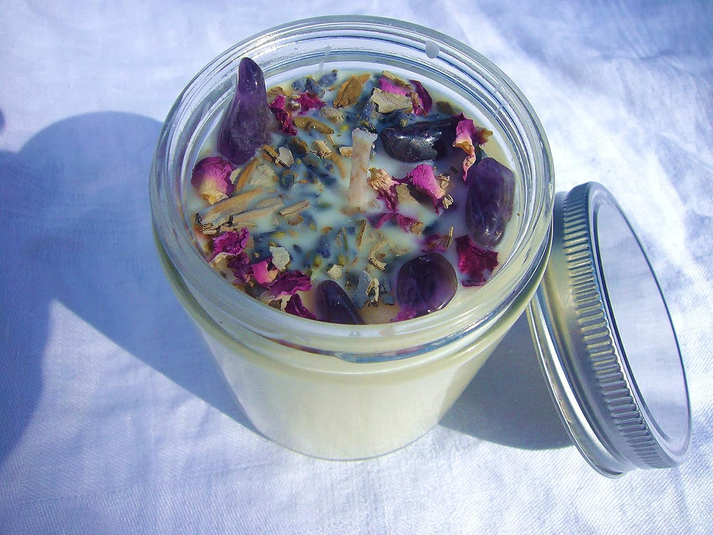 Luxury Smudging Candle | 8 Oz | Infused W/White Sage, Lavender Buds, Rose Petals, Amethyst Crystals | Unique Dessert Scent | Made in USA | Smudging, Healing, Chakra Balancing, Aromatherapy