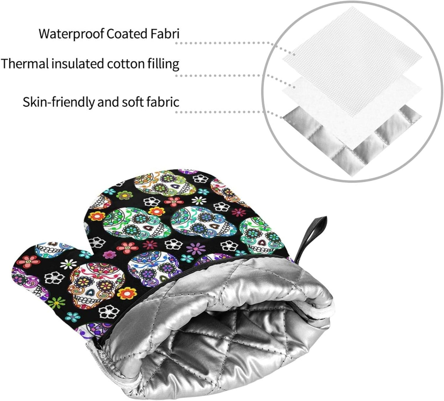 Day of the Dead Sugar Skull 4Pcs Oven Mitts/Pot Holders Sets, Kitchen Oven Mitts with Soft Quilted Cotton Lining, Kitchen Utensils Set, for Cooking Baking Grilling BBQ, One Size