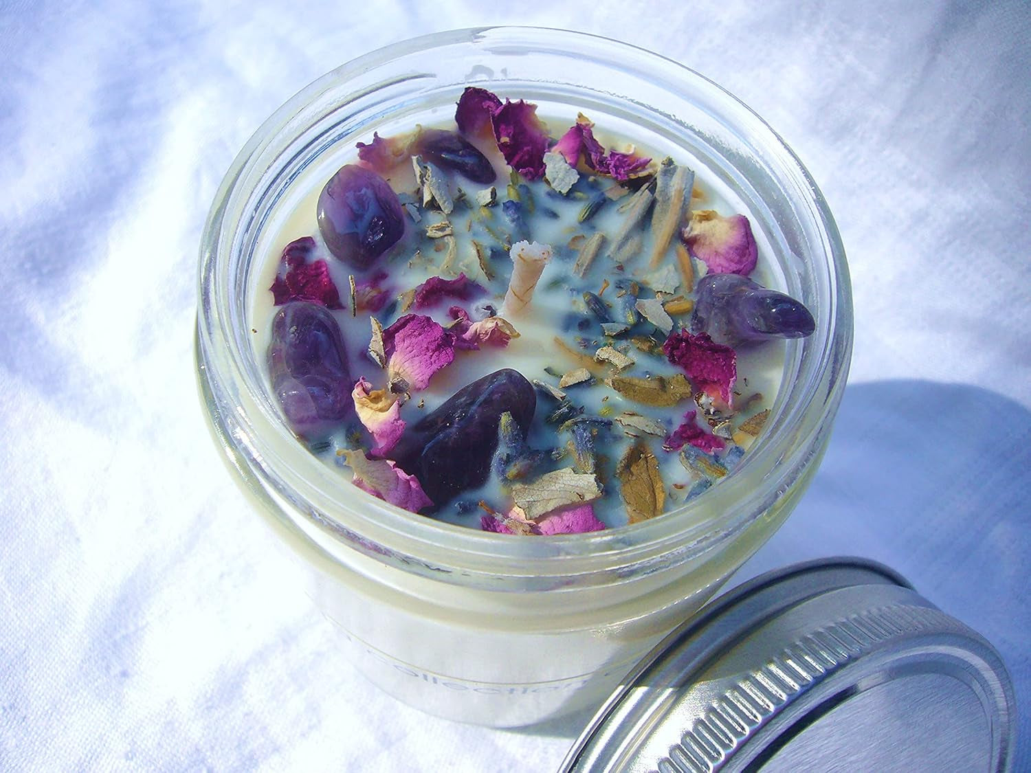 Luxury Smudging Candle | 8 Oz | Infused W/White Sage, Lavender Buds, Rose Petals, Amethyst Crystals | Unique Dessert Scent | Made in USA | Smudging, Healing, Chakra Balancing, Aromatherapy