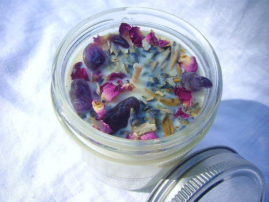 Luxury Smudging Candle | 8 Oz | Infused W/White Sage, Lavender Buds, Rose Petals, Amethyst Crystals | Unique Dessert Scent | Made in USA | Smudging, Healing, Chakra Balancing, Aromatherapy