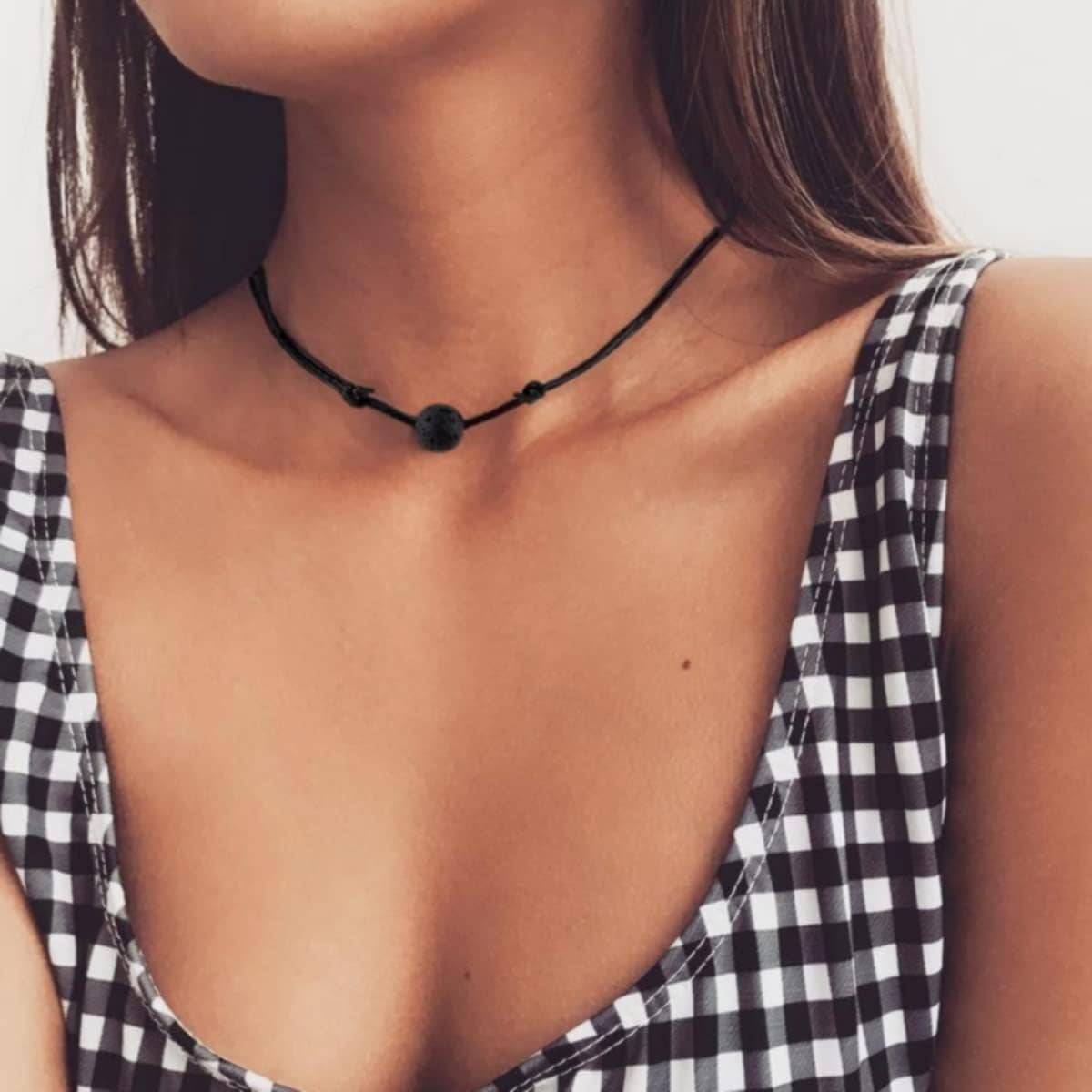 Lava Rock Stone Bead Triangle Pendant Necklace Essential Oil Diffuser Necklace Aromatherapy Choker Necklace Unisex (Black Lava Bead)