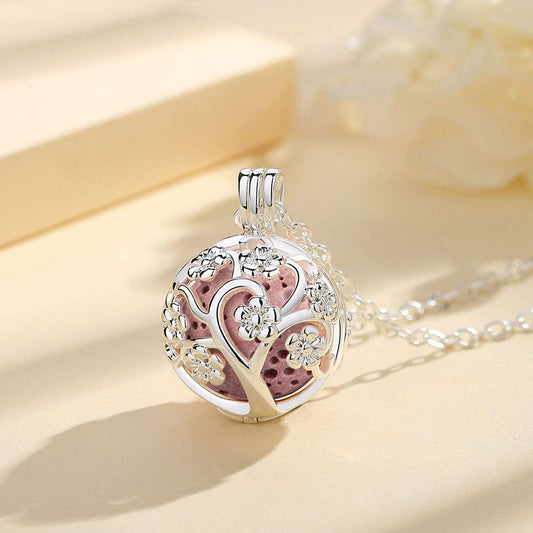 Sakura Tree Aromatherapy Necklace, Essential Oils Diffuser Locket Pendant with 7 PCS Lava Rock Stones and 24" Link Chain