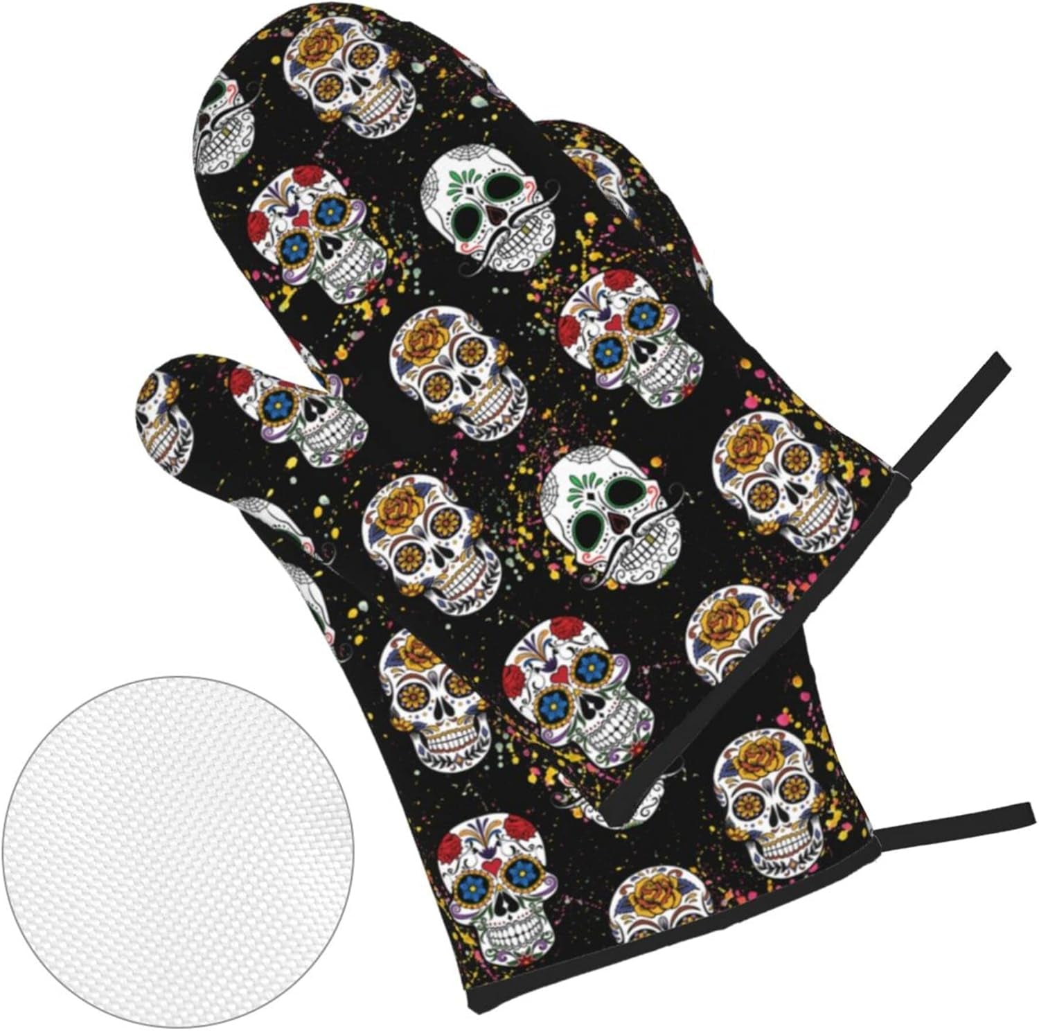 Day of the Dead Sugar Skull 4Pcs Oven Mitts/Pot Holders Sets, Kitchen with Soft Quilted Cotton Lining Utensils Set for Cooking Baking Grilling Decorations, One Size