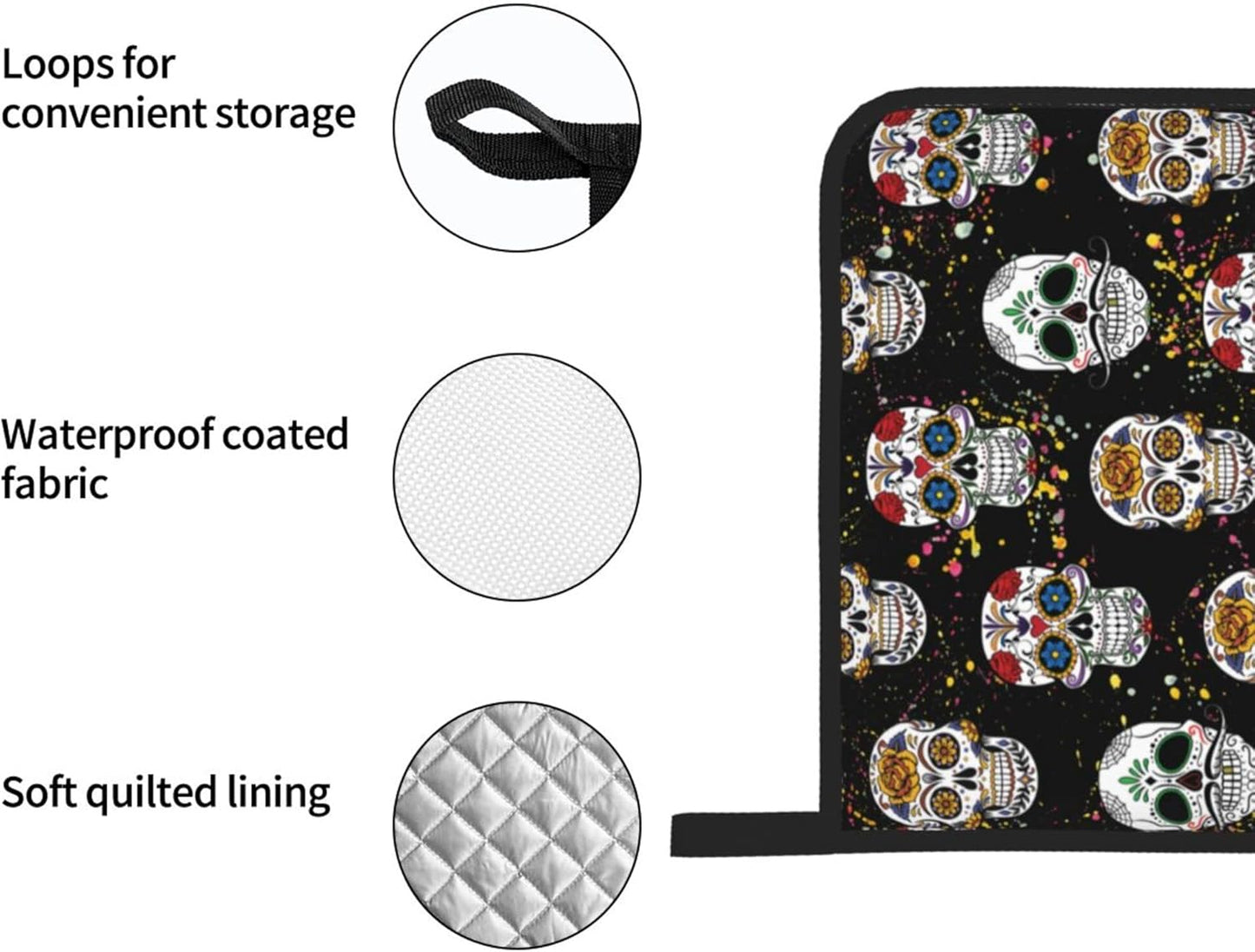 Day of the Dead Sugar Skull 4Pcs Oven Mitts/Pot Holders Sets, Kitchen with Soft Quilted Cotton Lining Utensils Set for Cooking Baking Grilling Decorations, One Size