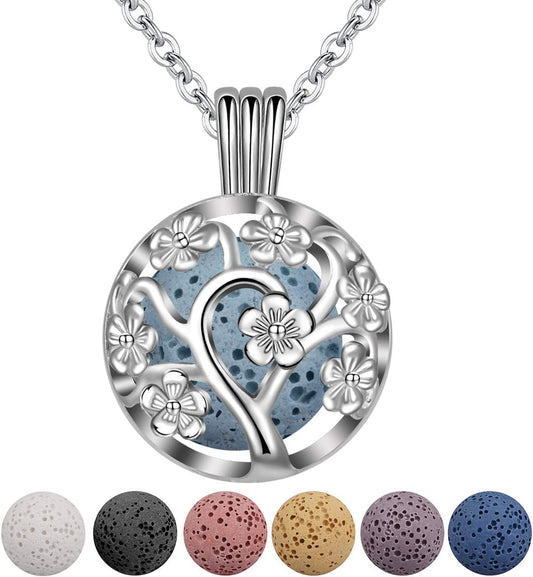 Sakura Tree Aromatherapy Necklace, Essential Oils Diffuser Locket Pendant with 7 PCS Lava Rock Stones and 24" Link Chain