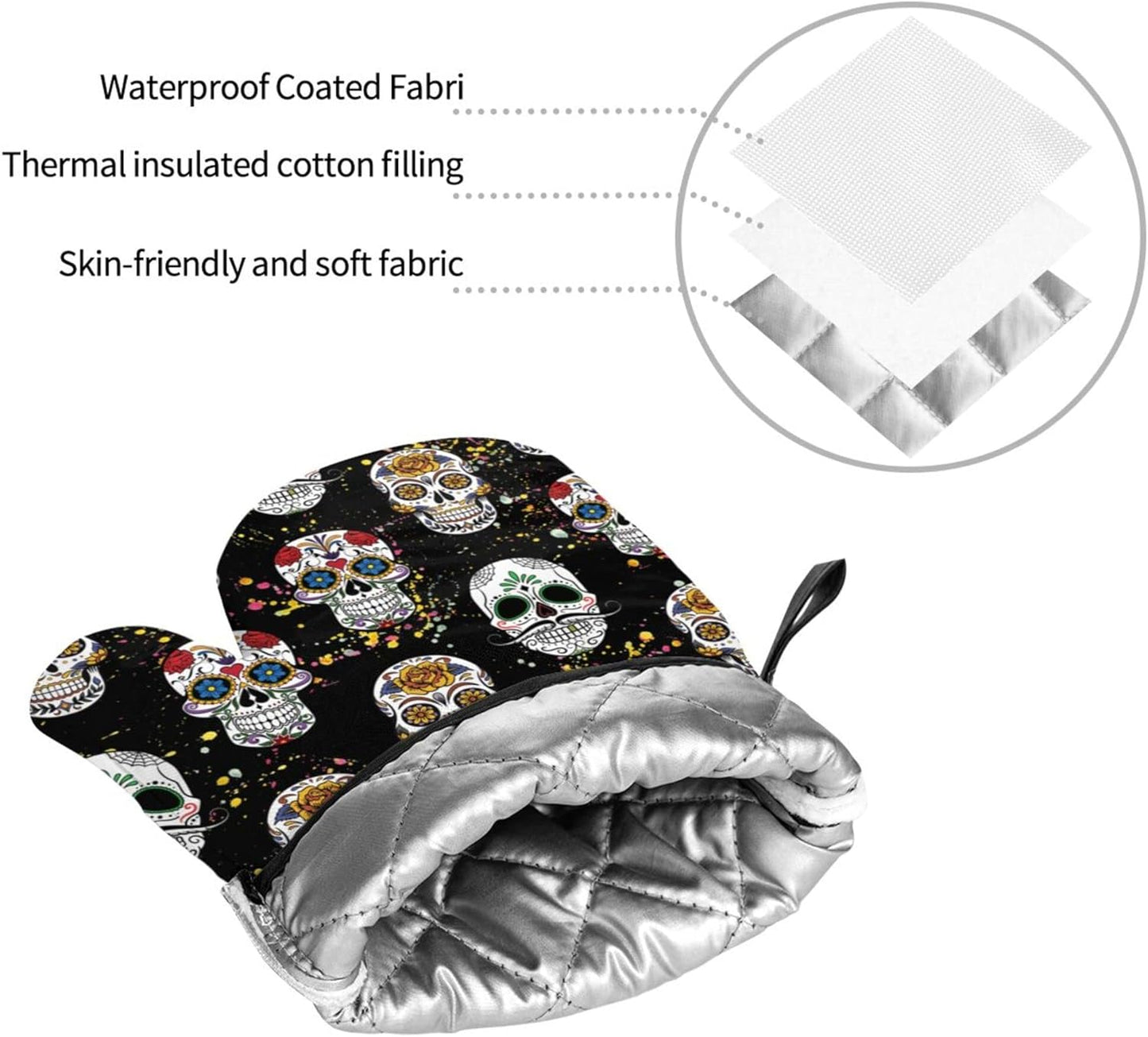 Day of the Dead Sugar Skull 4Pcs Oven Mitts/Pot Holders Sets, Kitchen with Soft Quilted Cotton Lining Utensils Set for Cooking Baking Grilling Decorations, One Size