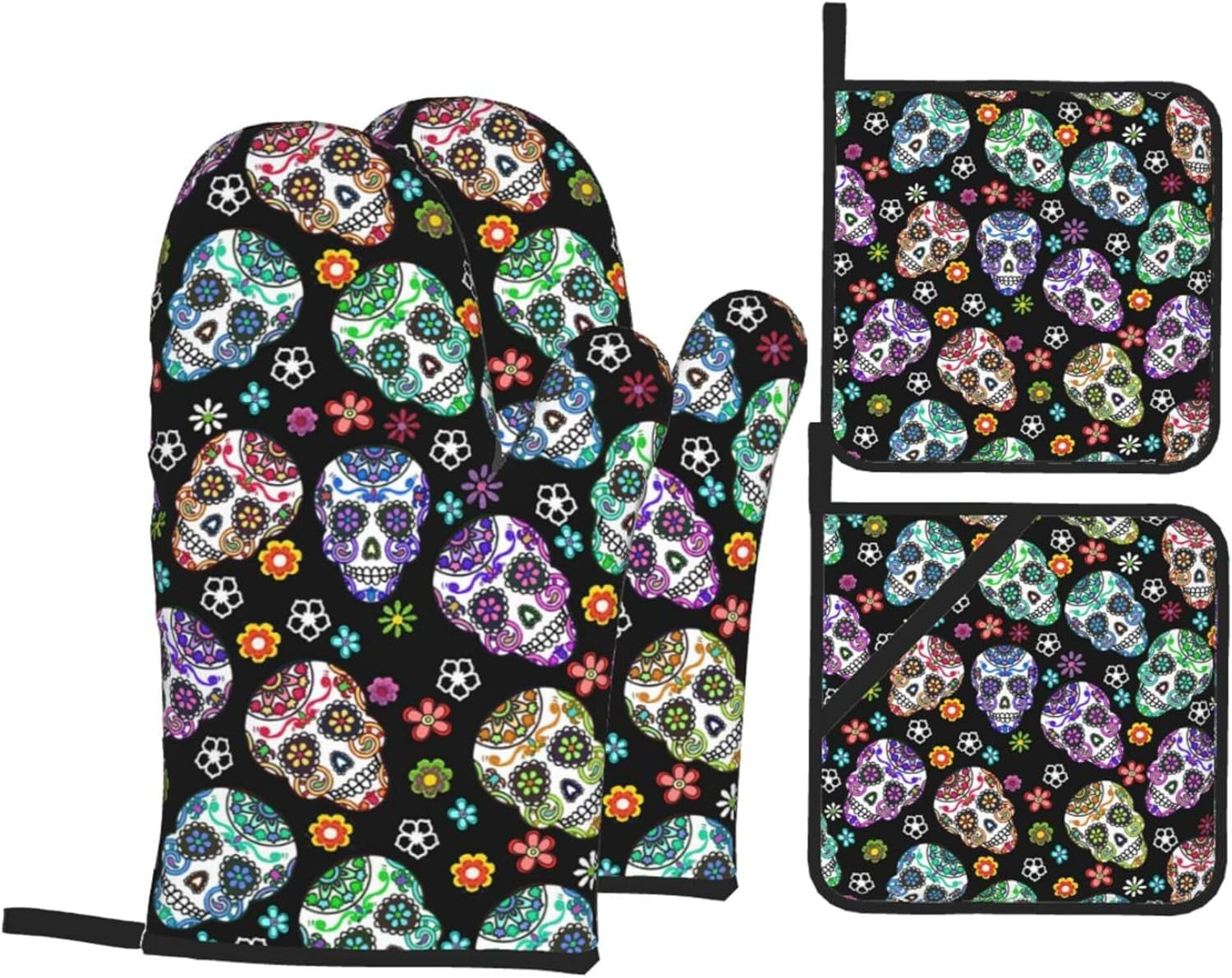 Day of the Dead Sugar Skull 4Pcs Oven Mitts/Pot Holders Sets, Kitchen Oven Mitts with Soft Quilted Cotton Lining, Kitchen Utensils Set, for Cooking Baking Grilling BBQ, One Size
