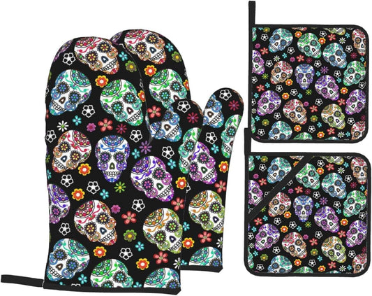 Day of the Dead Sugar Skull 4Pcs Oven Mitts/Pot Holders Sets, Kitchen Oven Mitts with Soft Quilted Cotton Lining, Kitchen Utensils Set, for Cooking Baking Grilling BBQ, One Size