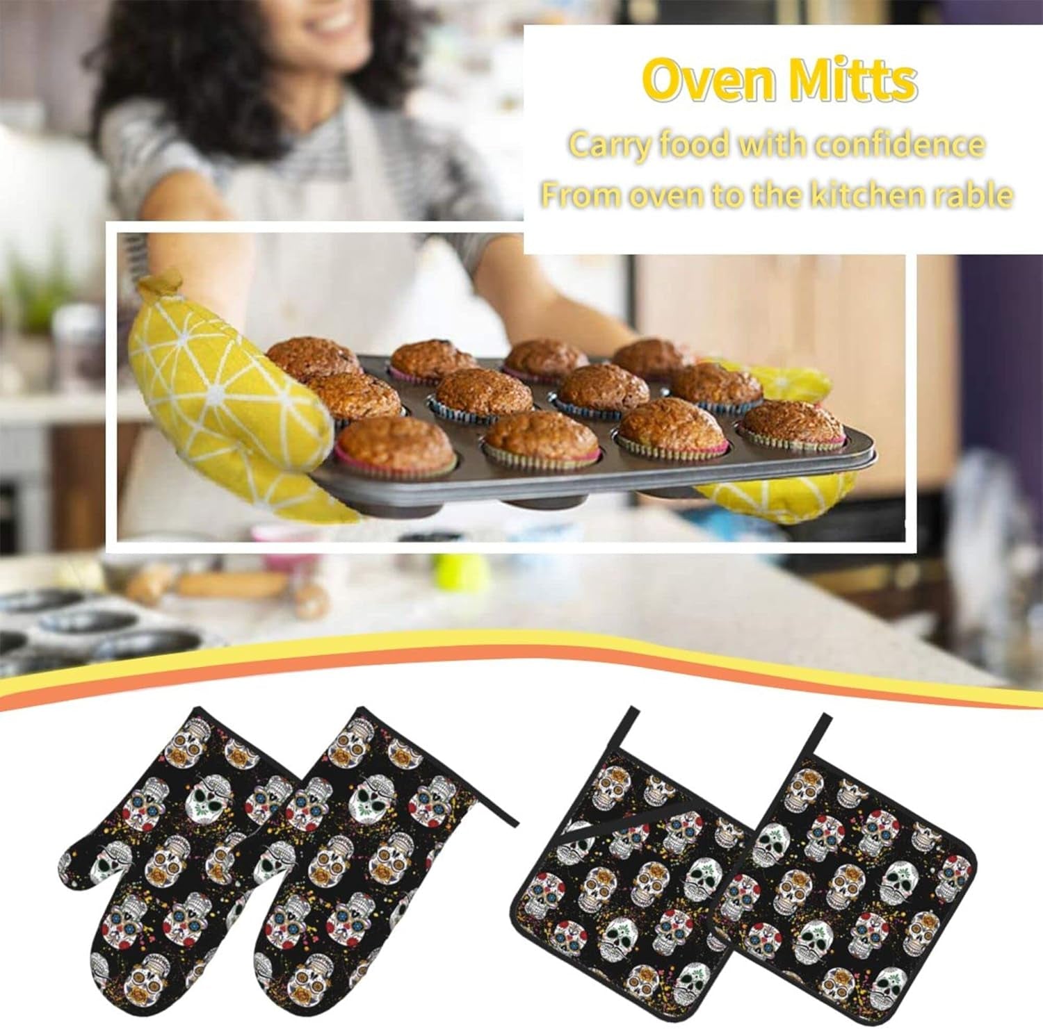 Day of the Dead Sugar Skull 4Pcs Oven Mitts/Pot Holders Sets, Kitchen with Soft Quilted Cotton Lining Utensils Set for Cooking Baking Grilling Decorations, One Size