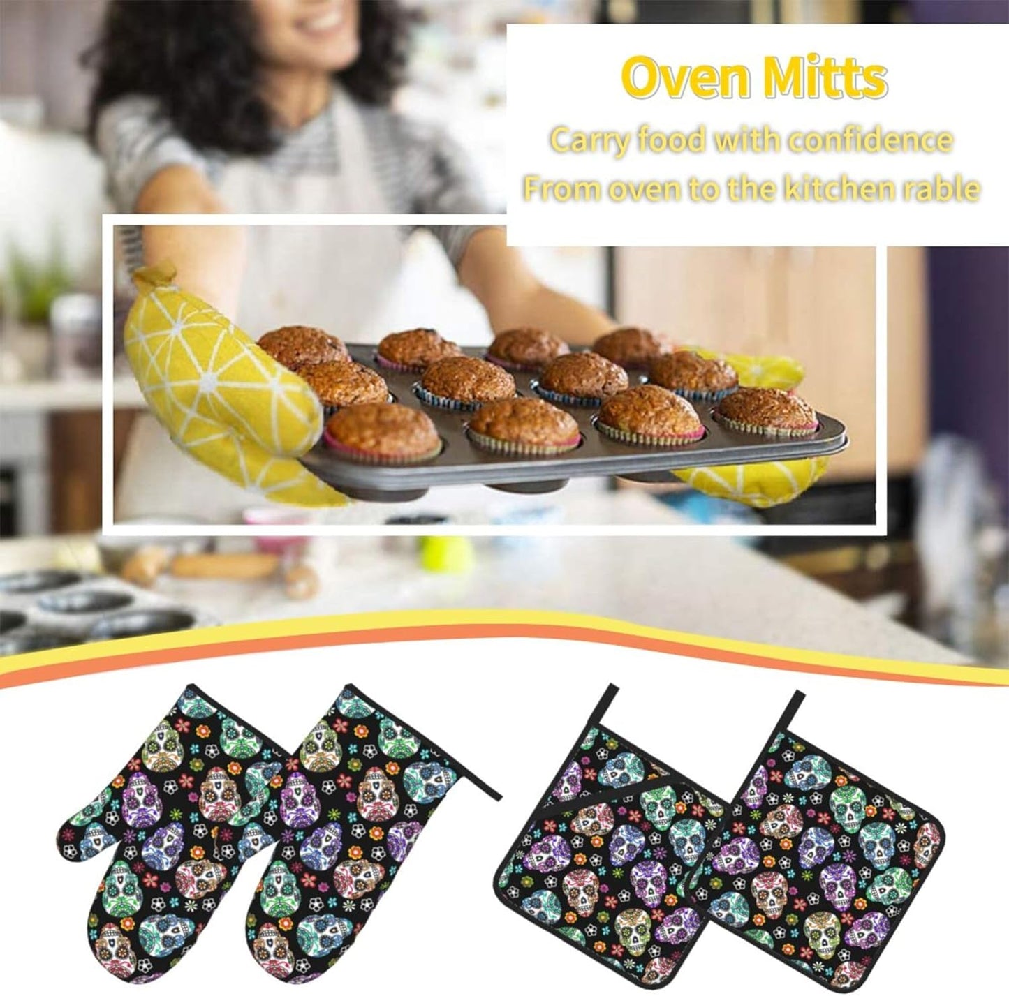 Day of the Dead Sugar Skull 4Pcs Oven Mitts/Pot Holders Sets, Kitchen Oven Mitts with Soft Quilted Cotton Lining, Kitchen Utensils Set, for Cooking Baking Grilling BBQ, One Size