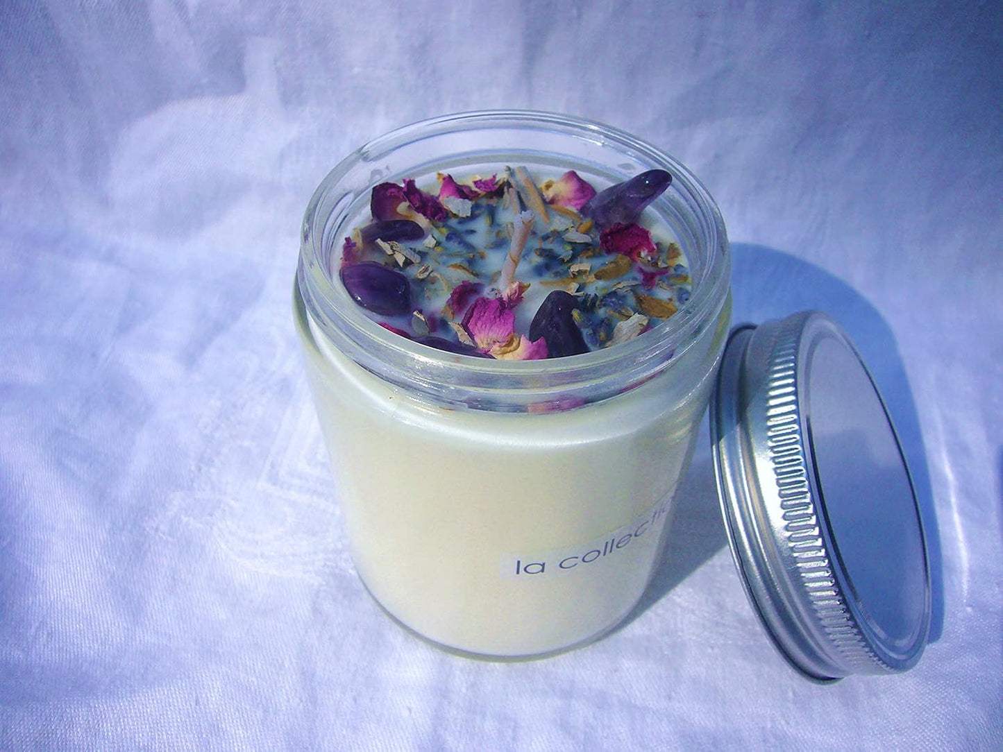 Luxury Smudging Candle | 8 Oz | Infused W/White Sage, Lavender Buds, Rose Petals, Amethyst Crystals | Unique Dessert Scent | Made in USA | Smudging, Healing, Chakra Balancing, Aromatherapy
