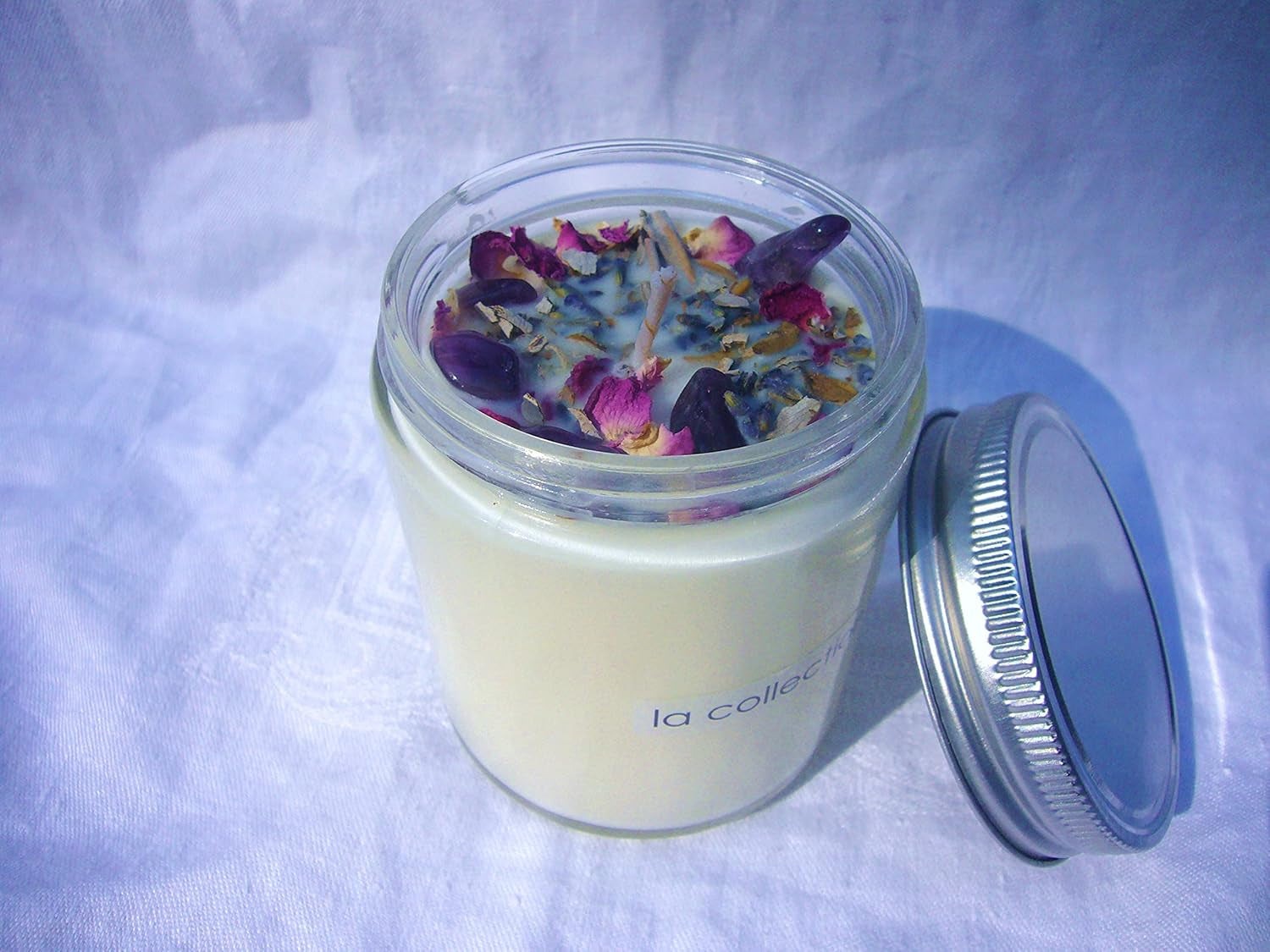 Luxury Smudging Candle | 8 Oz | Infused W/White Sage, Lavender Buds, Rose Petals, Amethyst Crystals | Unique Dessert Scent | Made in USA | Smudging, Healing, Chakra Balancing, Aromatherapy