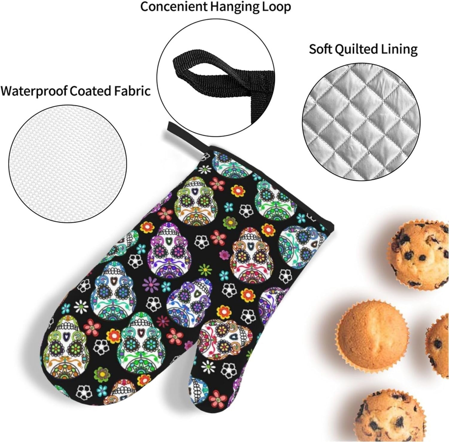 Day of the Dead Sugar Skull 4Pcs Oven Mitts/Pot Holders Sets, Kitchen Oven Mitts with Soft Quilted Cotton Lining, Kitchen Utensils Set, for Cooking Baking Grilling BBQ, One Size