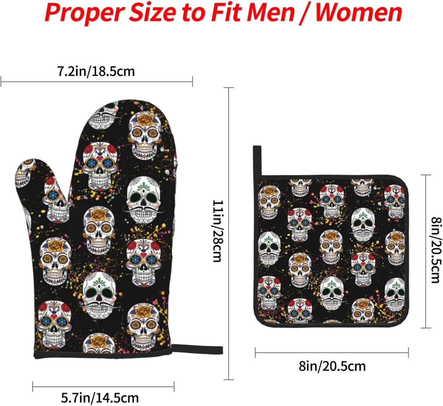 Day of the Dead Sugar Skull 4Pcs Oven Mitts/Pot Holders Sets, Kitchen with Soft Quilted Cotton Lining Utensils Set for Cooking Baking Grilling Decorations, One Size