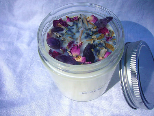 Luxury Smudging Candle | 8 Oz | Infused W/White Sage, Lavender Buds, Rose Petals, Amethyst Crystals | Unique Dessert Scent | Made in USA | Smudging, Healing, Chakra Balancing, Aromatherapy