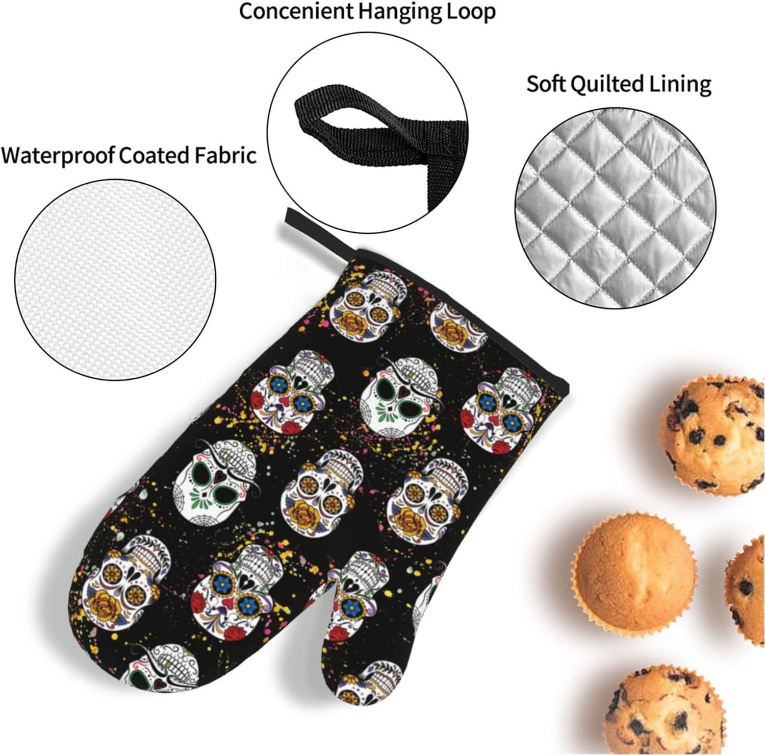 Day of the Dead Sugar Skull 4Pcs Oven Mitts/Pot Holders Sets, Kitchen with Soft Quilted Cotton Lining Utensils Set for Cooking Baking Grilling Decorations, One Size