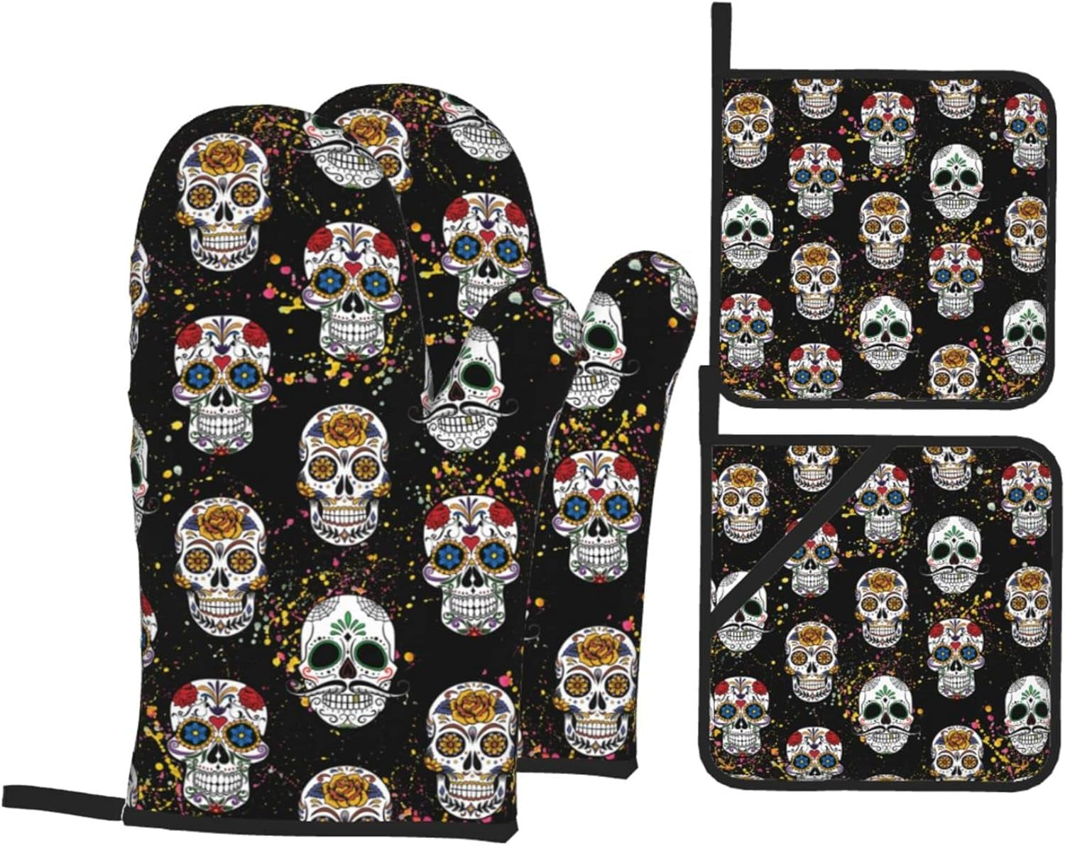 Day of the Dead Sugar Skull 4Pcs Oven Mitts/Pot Holders Sets, Kitchen with Soft Quilted Cotton Lining Utensils Set for Cooking Baking Grilling Decorations, One Size