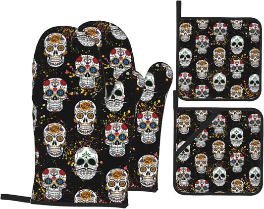 Day of the Dead Sugar Skull 4Pcs Oven Mitts/Pot Holders Sets, Kitchen with Soft Quilted Cotton Lining Utensils Set for Cooking Baking Grilling Decorations, One Size