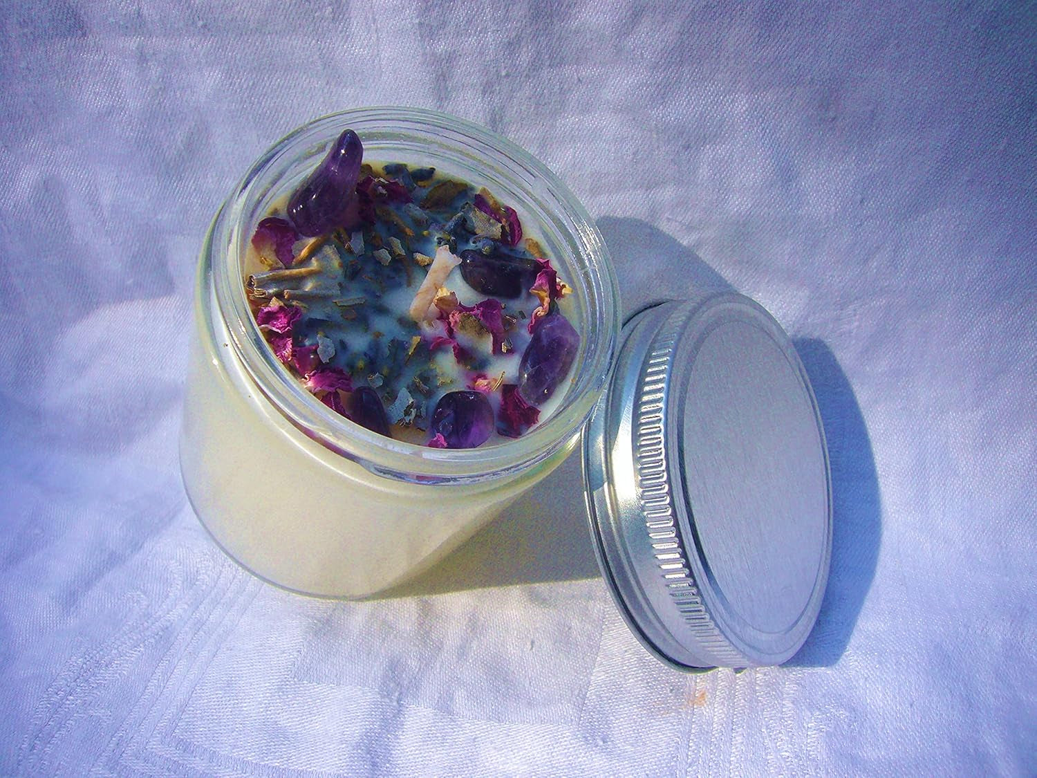Luxury Smudging Candle | 8 Oz | Infused W/White Sage, Lavender Buds, Rose Petals, Amethyst Crystals | Unique Dessert Scent | Made in USA | Smudging, Healing, Chakra Balancing, Aromatherapy
