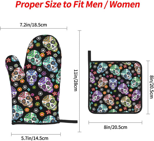 Day of the Dead Sugar Skull 4Pcs Oven Mitts/Pot Holders Sets, Kitchen Oven Mitts with Soft Quilted Cotton Lining, Kitchen Utensils Set, for Cooking Baking Grilling BBQ, One Size